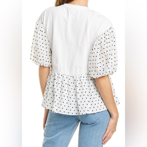 NWT English Factory Contrasting Heart Dotted Puff Sleeve Peplum Top White Sz S - Picture 2 of 13